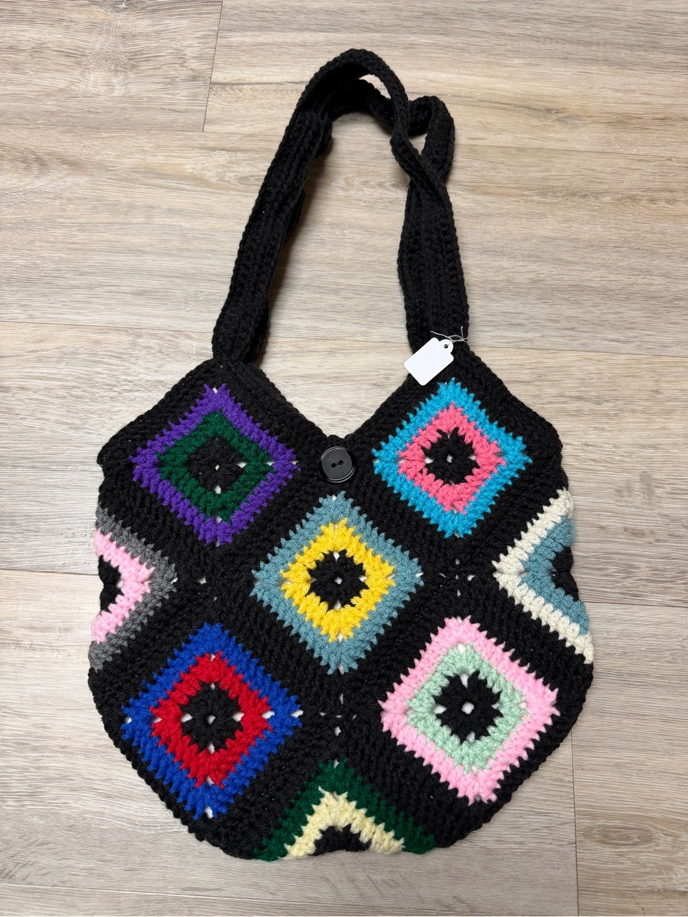 Black Handmade Crochet Granny-Square Tote with Multicolor Accents